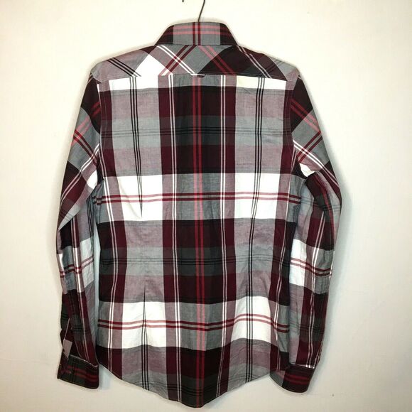Express Mens Dress Shirt S Plaid Red White Gray Maroon Fitted Button Up 14 -14.5 - Picture 2 of 6